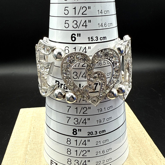 Crystal Bracelet LOVE Bling Rhinestone Heart Silver Tone 6.5" Stretch Bangle - Picture 8 of 9
